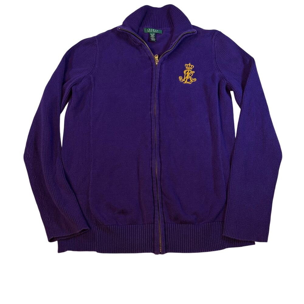 Lauren Ralph Lauren womens purple full zip cardigan, yellow logo. Size XL.